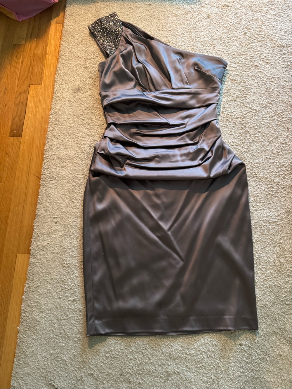 Vintage Y2K Suzi Chin One-Shoulder Satin Dress in Pewter Gray